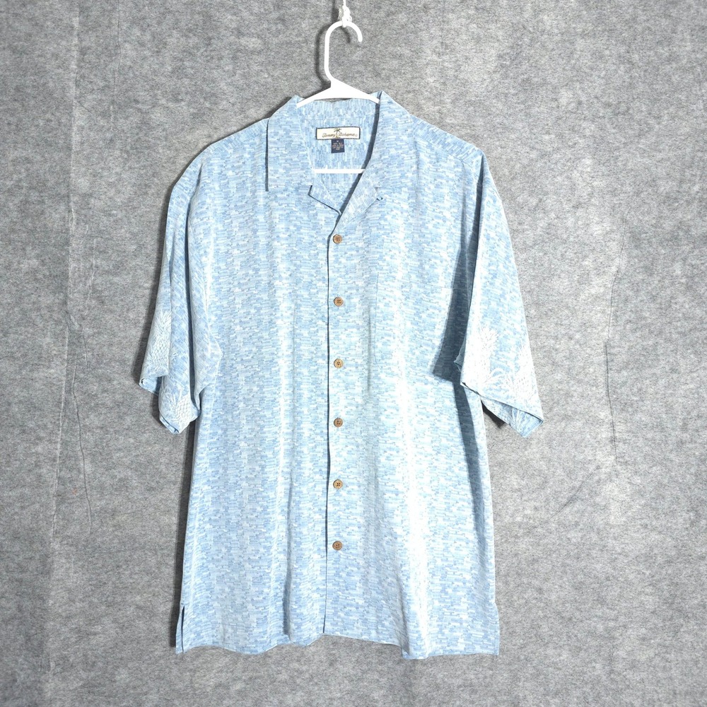 Tommy Bahama Shirt Mens M Blue Silk‎ Pineapple Back Graphic Jacquard Camp Button